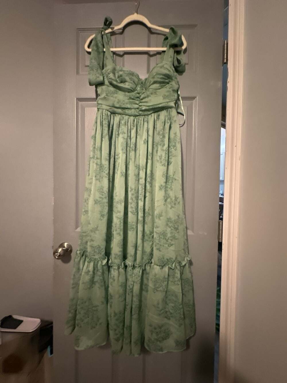 Premier Amour Sage Olive Floral Chiffon Sweetheart Neck Tie Shoulder Maxi Dress